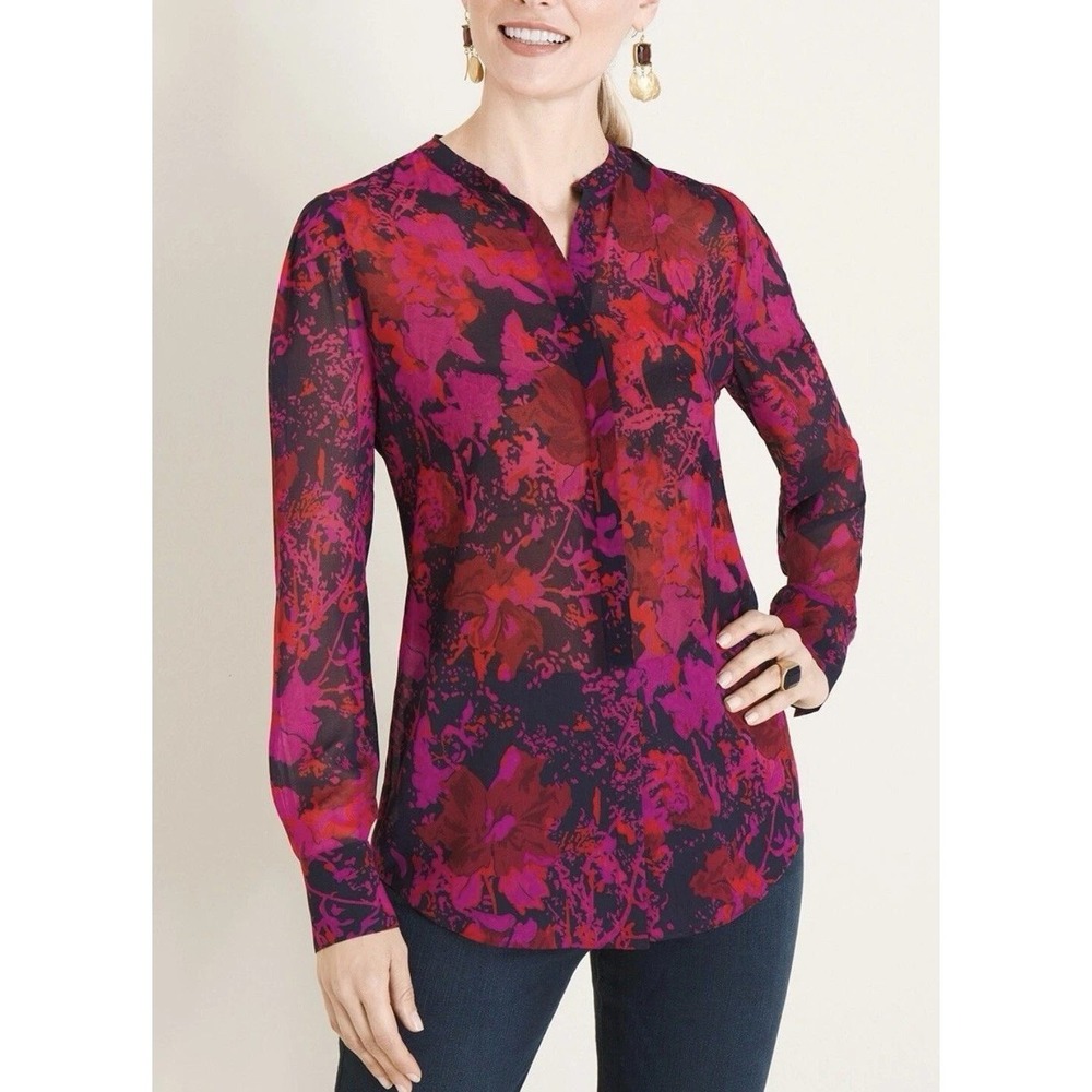 Chico's‎ Women Size 1/M Bold Floral Print Sheer Button-Up Pink Navy Blouse Top